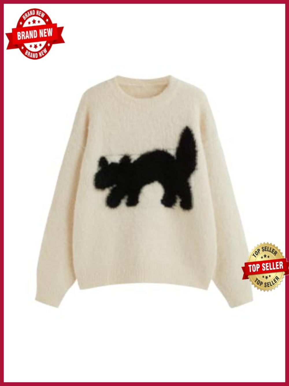 Womens Cozy Oversized Fuzzy Cat Graphic Crewneck Pullover Sweater